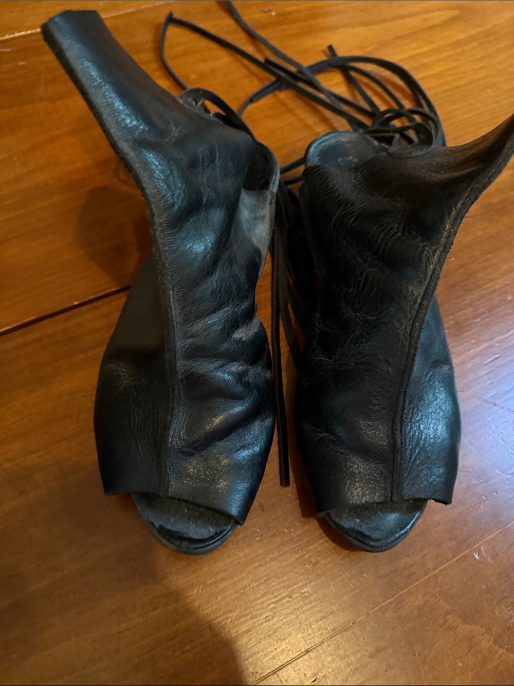 Trippen Black Leather Lace-Up Peep Toe Heels